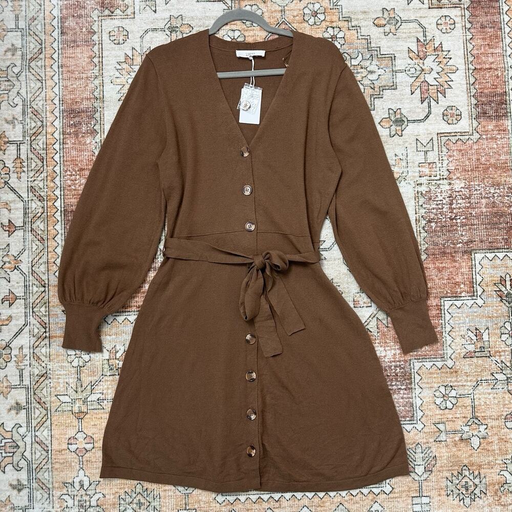 Lucky Brand Button Front Sweater Dress Belted Brown Long Sleeve Size Large NWT